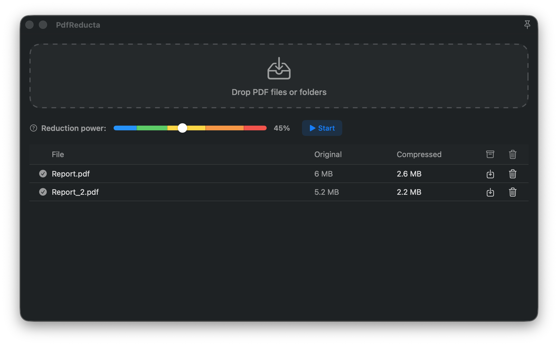PdfReducta batch mode - multiple file compression with table view